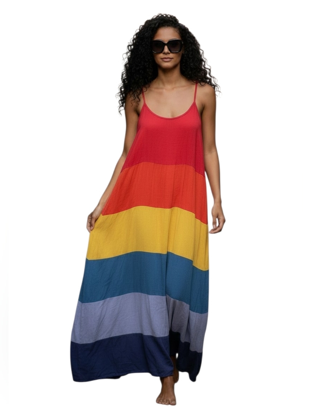 Lined Sleeveless Spaghetti Straps Rainbow Maxi Flowy Beach Vacation Sun Dress M
